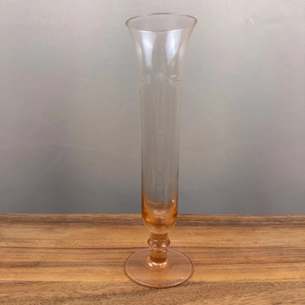 Vintage Peach Depression Glass Bud Vase Etched Leaves and Dots 8 inch Trumpet